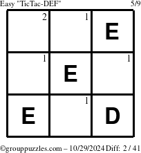 The grouppuzzles.com Easy TicTac-DEF puzzle for Tuesday October 29, 2024 with the first 2 steps marked