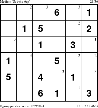 The grouppuzzles.com Medium Sudoku-6up puzzle for Tuesday October 29, 2024 with the first 3 steps marked