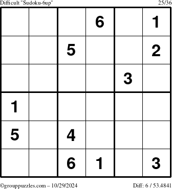 The grouppuzzles.com Difficult Sudoku-6up puzzle for Tuesday October 29, 2024