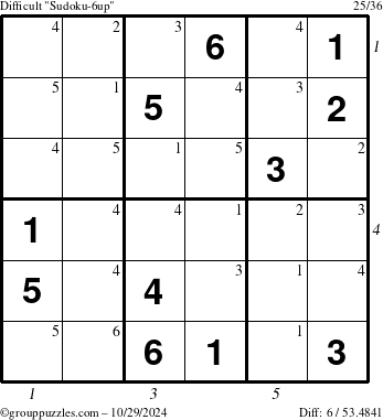 The grouppuzzles.com Difficult Sudoku-6up puzzle for Tuesday October 29, 2024 with all 6 steps marked