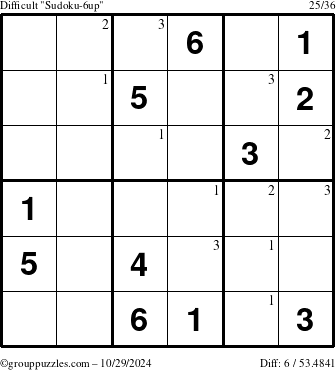 The grouppuzzles.com Difficult Sudoku-6up puzzle for Tuesday October 29, 2024 with the first 3 steps marked