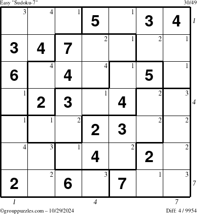 The grouppuzzles.com Easy Sudoku-7 puzzle for Tuesday October 29, 2024, suitable for printing, with all 4 steps marked