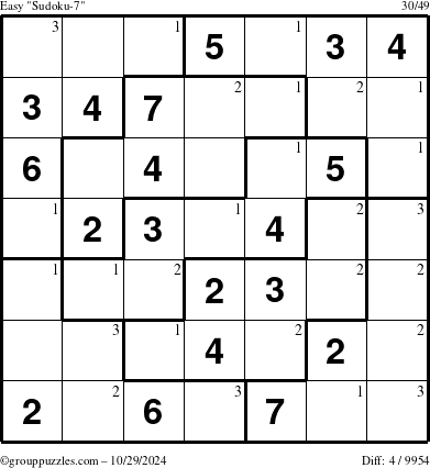 The grouppuzzles.com Easy Sudoku-7 puzzle for Tuesday October 29, 2024 with the first 3 steps marked