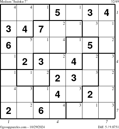 The grouppuzzles.com Medium Sudoku-7 puzzle for Tuesday October 29, 2024 with all 5 steps marked