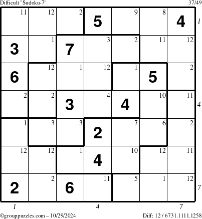 The grouppuzzles.com Difficult Sudoku-7 puzzle for Tuesday October 29, 2024 with all 12 steps marked