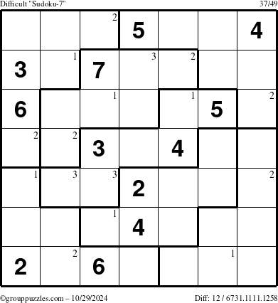 The grouppuzzles.com Difficult Sudoku-7 puzzle for Tuesday October 29, 2024 with the first 3 steps marked