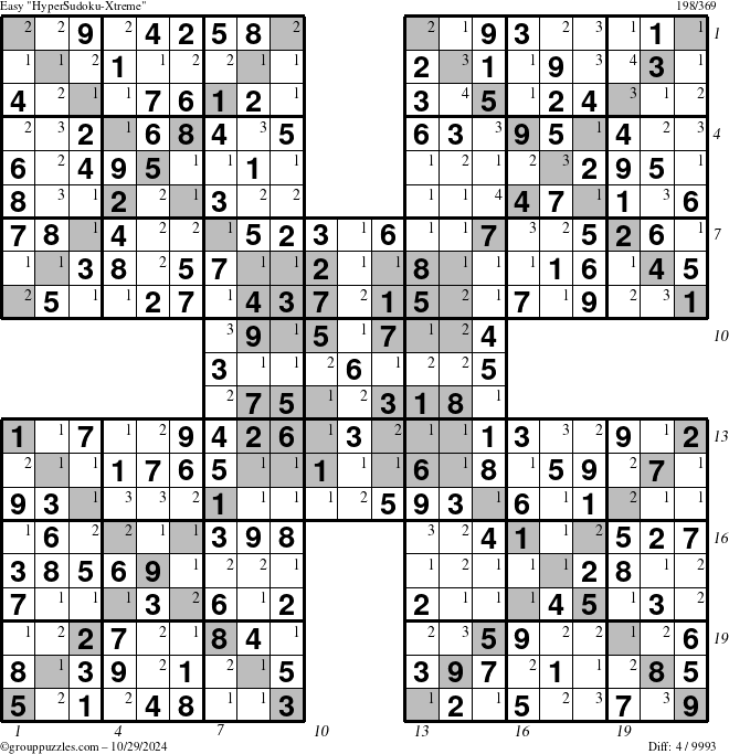 The grouppuzzles.com Easy HyperSudoku-Xtreme puzzle for Tuesday October 29, 2024 with all 4 steps marked