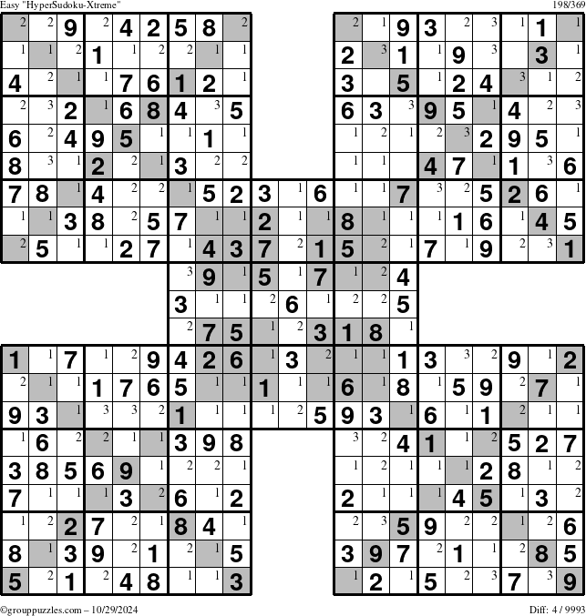 The grouppuzzles.com Easy HyperSudoku-Xtreme puzzle for Tuesday October 29, 2024 with the first 3 steps marked