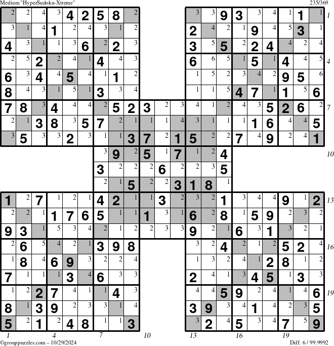 The grouppuzzles.com Medium HyperSudoku-Xtreme puzzle for Tuesday October 29, 2024 with all 6 steps marked