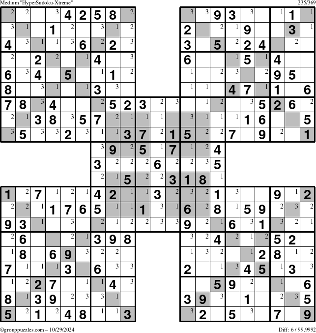 The grouppuzzles.com Medium HyperSudoku-Xtreme puzzle for Tuesday October 29, 2024 with the first 3 steps marked