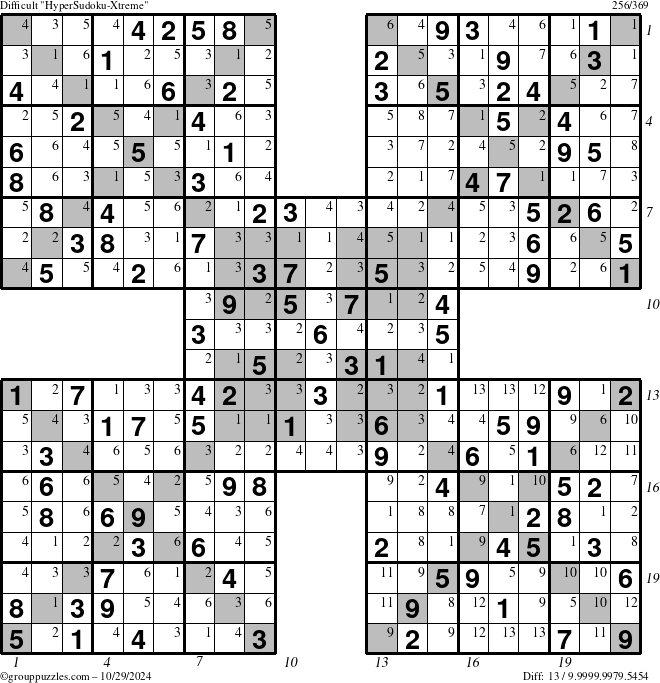 The grouppuzzles.com Difficult HyperSudoku-Xtreme puzzle for Tuesday October 29, 2024 with all 13 steps marked