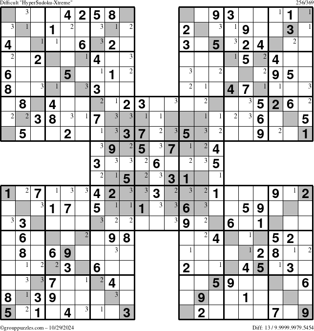 The grouppuzzles.com Difficult HyperSudoku-Xtreme puzzle for Tuesday October 29, 2024 with the first 3 steps marked