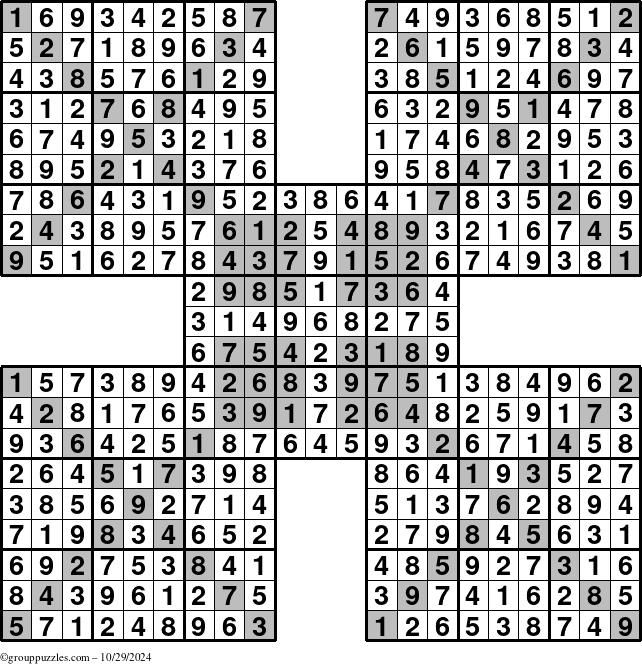 The grouppuzzles.com Answer grid for the HyperSudoku-Xtreme puzzle for Tuesday October 29, 2024