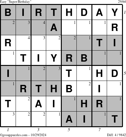 The grouppuzzles.com Easy Super-Birthday puzzle for Tuesday October 29, 2024 with all 4 steps marked