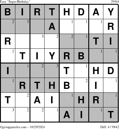 The grouppuzzles.com Easy Super-Birthday puzzle for Tuesday October 29, 2024 with the first 3 steps marked