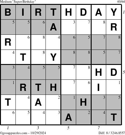 The grouppuzzles.com Medium Super-Birthday puzzle for Tuesday October 29, 2024 with all 8 steps marked