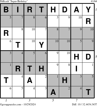 The grouppuzzles.com Difficult Super-Birthday puzzle for Tuesday October 29, 2024, suitable for printing, with all 10 steps marked