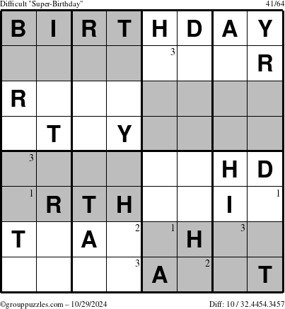 The grouppuzzles.com Difficult Super-Birthday puzzle for Tuesday October 29, 2024 with the first 3 steps marked