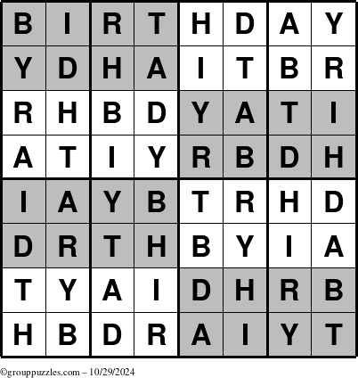 The grouppuzzles.com Answer grid for the Super-Birthday puzzle for Tuesday October 29, 2024