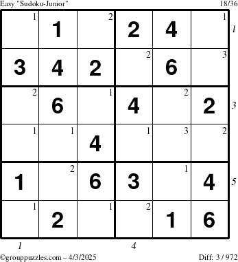 The grouppuzzles.com Easy Sudoku-Junior puzzle for Thursday April 3, 2025, suitable for printing, with all 3 steps marked