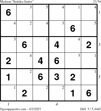 The grouppuzzles.com Medium Sudoku-Junior puzzle for Thursday April 3, 2025 with all 5 steps marked