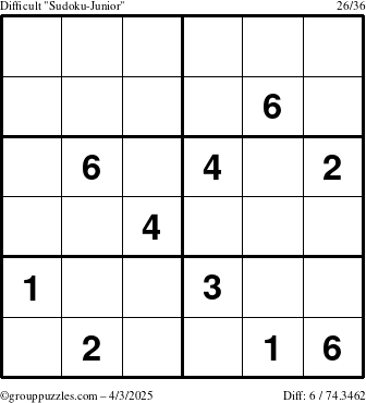 The grouppuzzles.com Difficult Sudoku-Junior puzzle for Thursday April 3, 2025
