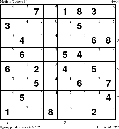 The grouppuzzles.com Medium Sudoku-8 puzzle for Thursday April 3, 2025 with all 6 steps marked