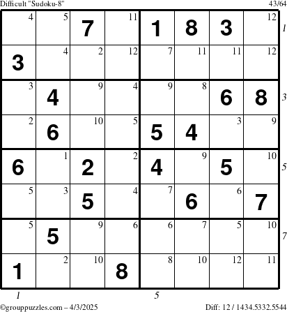 The grouppuzzles.com Difficult Sudoku-8 puzzle for Thursday April 3, 2025 with all 12 steps marked