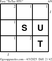 The grouppuzzles.com Easy TicTac-STU puzzle for Thursday April 3, 2025 with all 2 steps marked