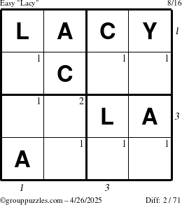 The grouppuzzles.com Easy Lacy puzzle for Saturday April 26, 2025, suitable for printing, with all 2 steps marked