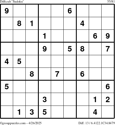 The grouppuzzles.com Difficult Sudoku puzzle for Saturday April 26, 2025