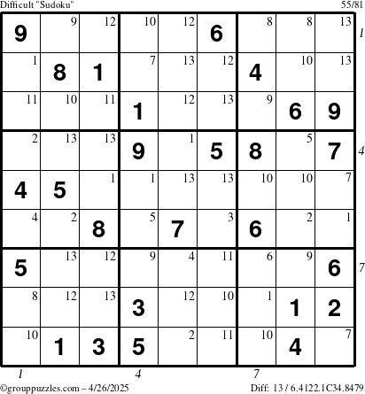 The grouppuzzles.com Difficult Sudoku puzzle for Saturday April 26, 2025 with all 13 steps marked