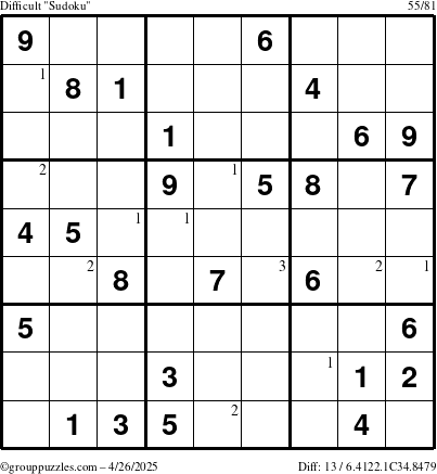 The grouppuzzles.com Difficult Sudoku puzzle for Saturday April 26, 2025 with the first 3 steps marked