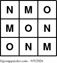 The grouppuzzles.com Answer grid for the TicTac-MNO puzzle for Saturday September 5, 2026