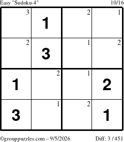 The grouppuzzles.com Easy Sudoku-4 puzzle for Saturday September 5, 2026 with the first 3 steps marked