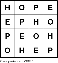 The grouppuzzles.com Answer grid for the Hope puzzle for Saturday September 5, 2026