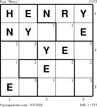 The grouppuzzles.com Easy Henry puzzle for Saturday September 5, 2026 with all 3 steps marked
