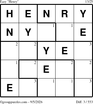 The grouppuzzles.com Easy Henry puzzle for Saturday September 5, 2026 with the first 3 steps marked