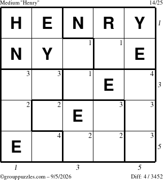 The grouppuzzles.com Medium Henry puzzle for Saturday September 5, 2026, suitable for printing, with all 4 steps marked