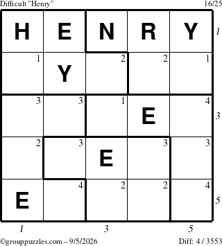 The grouppuzzles.com Difficult Henry puzzle for Saturday September 5, 2026, suitable for printing, with all 4 steps marked