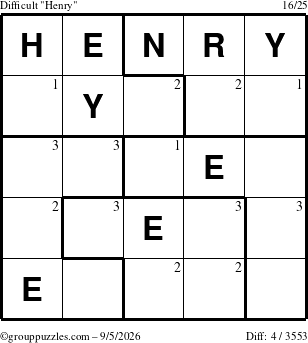 The grouppuzzles.com Difficult Henry puzzle for Saturday September 5, 2026 with the first 3 steps marked