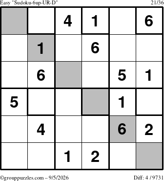 The grouppuzzles.com Easy Sudoku-6up-UR-D puzzle for Saturday September 5, 2026