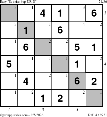 The grouppuzzles.com Easy Sudoku-6up-UR-D puzzle for Saturday September 5, 2026 with all 4 steps marked