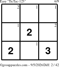 The grouppuzzles.com Easy TicTac-123 puzzle for Saturday September 5, 2026 with the first 2 steps marked