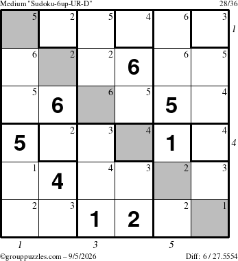The grouppuzzles.com Medium Sudoku-6up-UR-D puzzle for Saturday September 5, 2026, suitable for printing, with all 6 steps marked