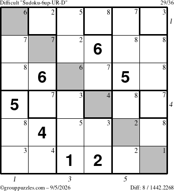 The grouppuzzles.com Difficult Sudoku-6up-UR-D puzzle for Saturday September 5, 2026 with all 8 steps marked