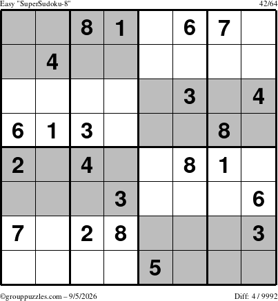 The grouppuzzles.com Easy SuperSudoku-8 puzzle for Saturday September 5, 2026