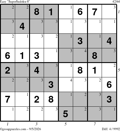 The grouppuzzles.com Easy SuperSudoku-8 puzzle for Saturday September 5, 2026 with all 4 steps marked