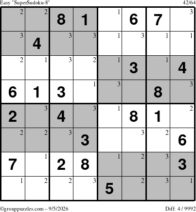 The grouppuzzles.com Easy SuperSudoku-8 puzzle for Saturday September 5, 2026 with the first 3 steps marked