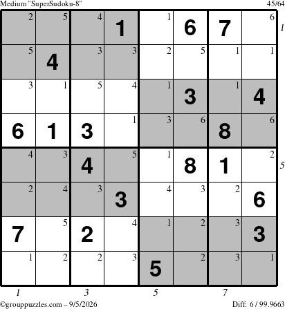 The grouppuzzles.com Medium SuperSudoku-8 puzzle for Saturday September 5, 2026 with all 6 steps marked